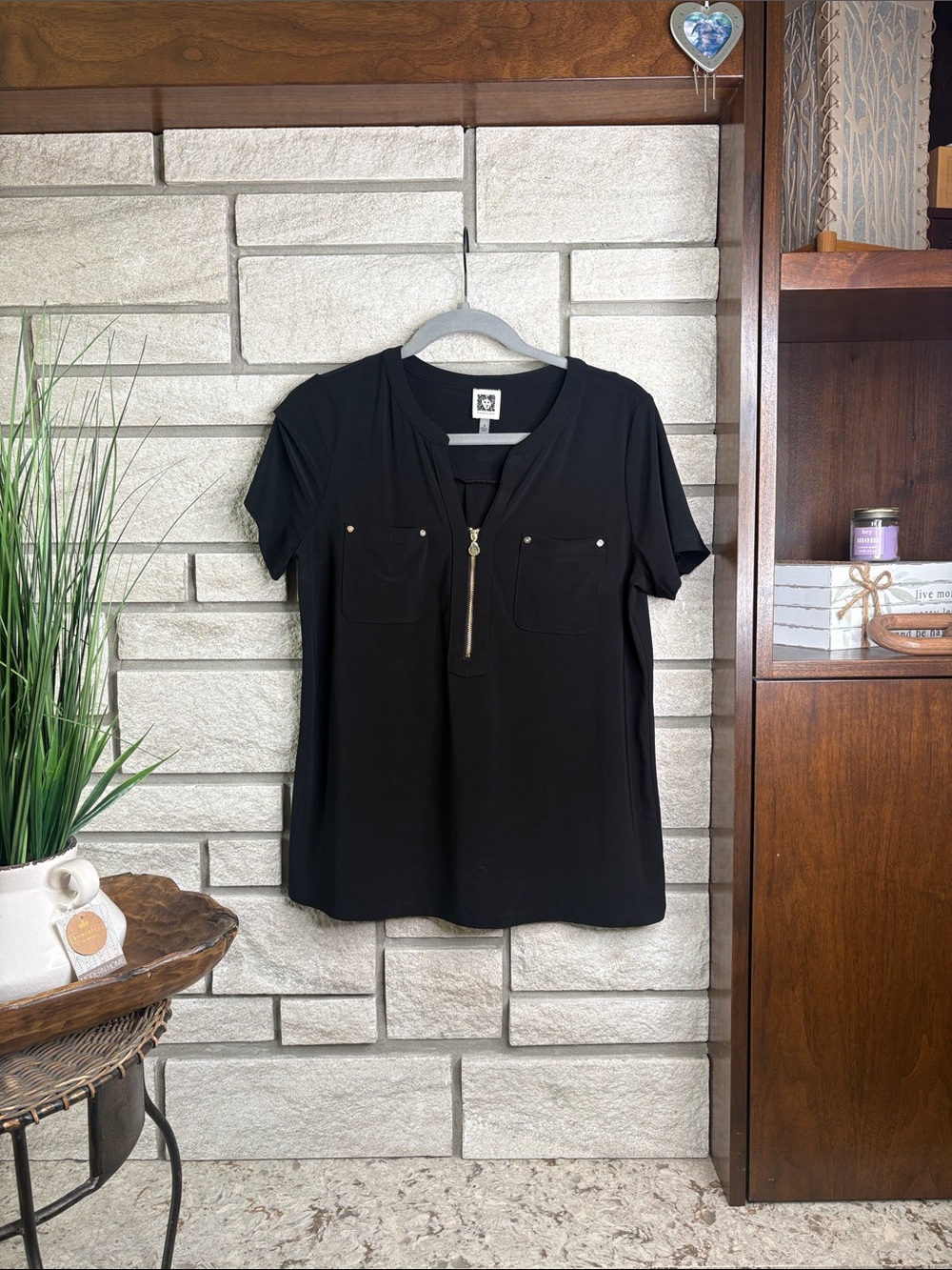 Anne Klein Black Short Sleeve Top with Gold Zip